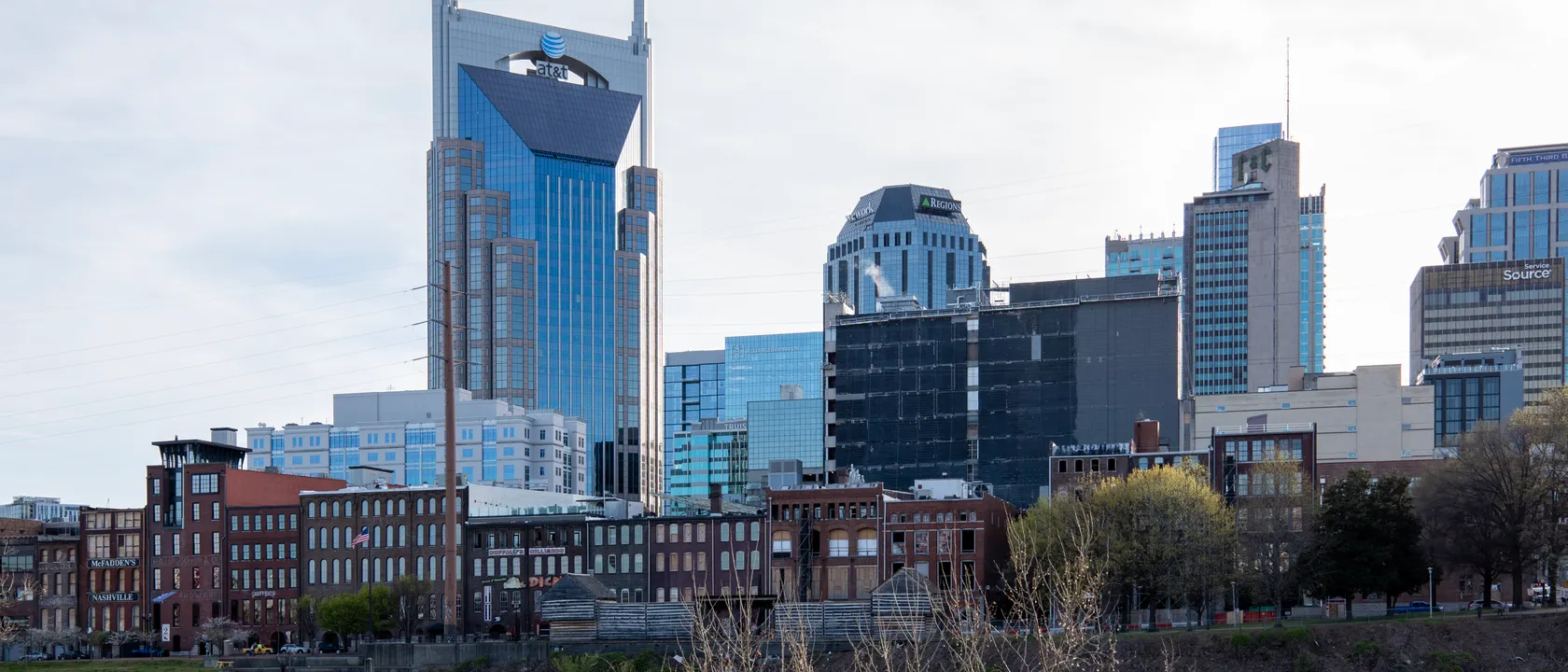 The Nashville, Tennessee skyline seen across the Cumberland River
